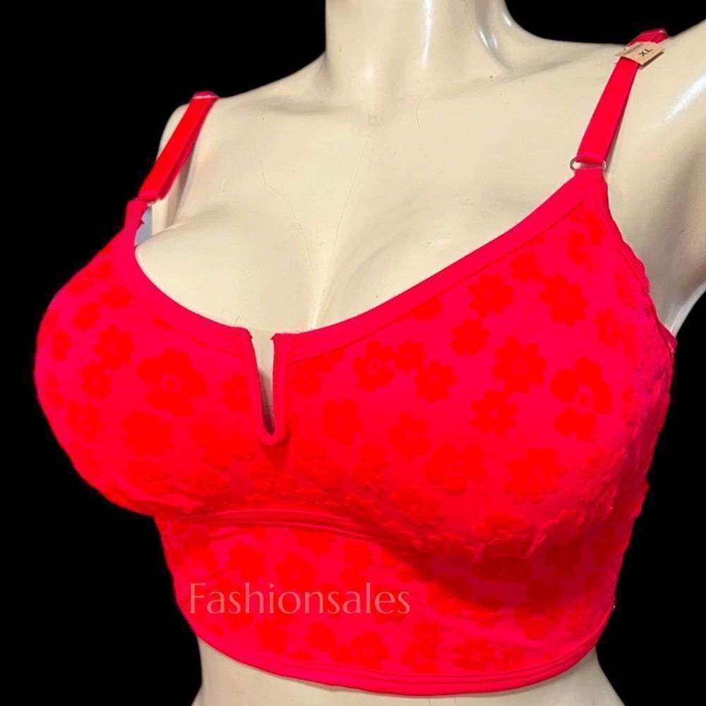 Victorias Secret Pink Padded Velvet Flowers Long bralette bra crop top Red Small